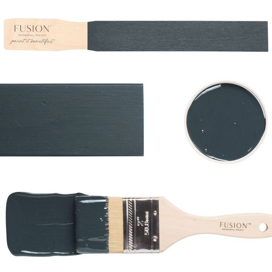 Fusion paint brush and colour swatch with 'Cambridge' label on a white background