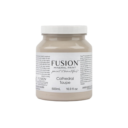 Fusion Mineral Paint jar labelled 'Cathedral Taupe' on a white background