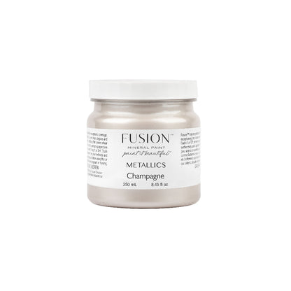 Fusion Mineral Paint Metallics jar labelled 'Champagne' on a white background