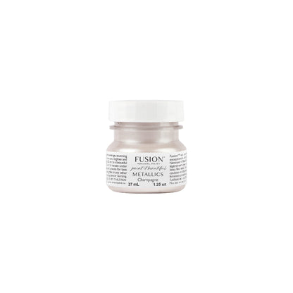 Tester size jar of Fusion Mineral Paint Metallics in Champagne on a white background