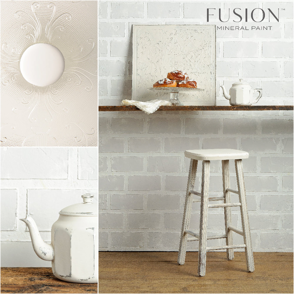 Collage of kitchen elements like a teapot, stool, and wall painted in Champlain Fusion Mineral Paint