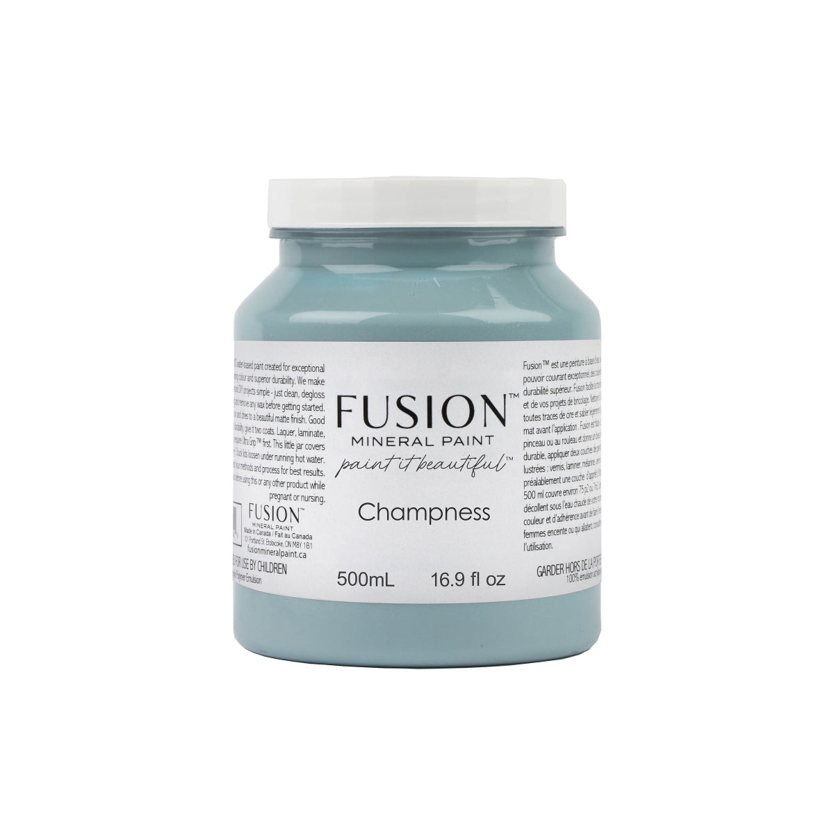 Fusion Mineral Paint jar labelled 'Champness' on a white background