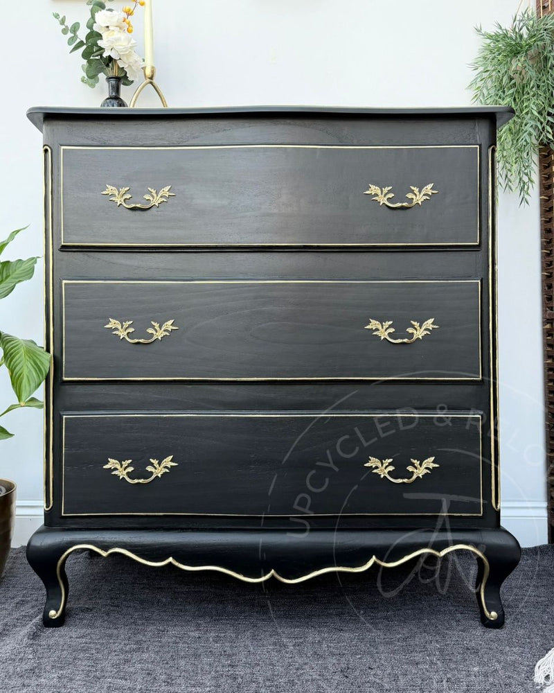 Black and gold upcycled chest of drawers painted in Fusion Mineral Paint Coal Black by Upcycled & Reloved by Jodi.
