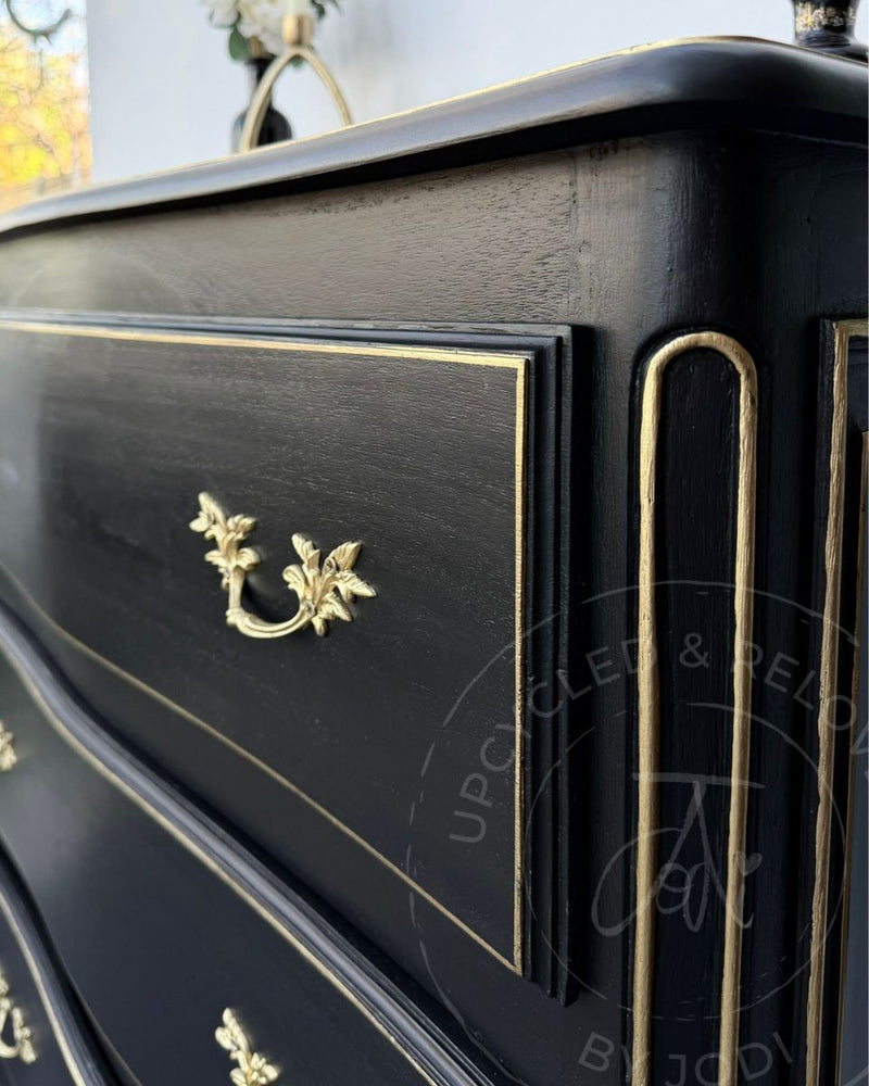 Black and gold upcycled chest of drawers painted in Fusion Mineral Paint Coal Black by Upcycled & Reloved by Jodi.
