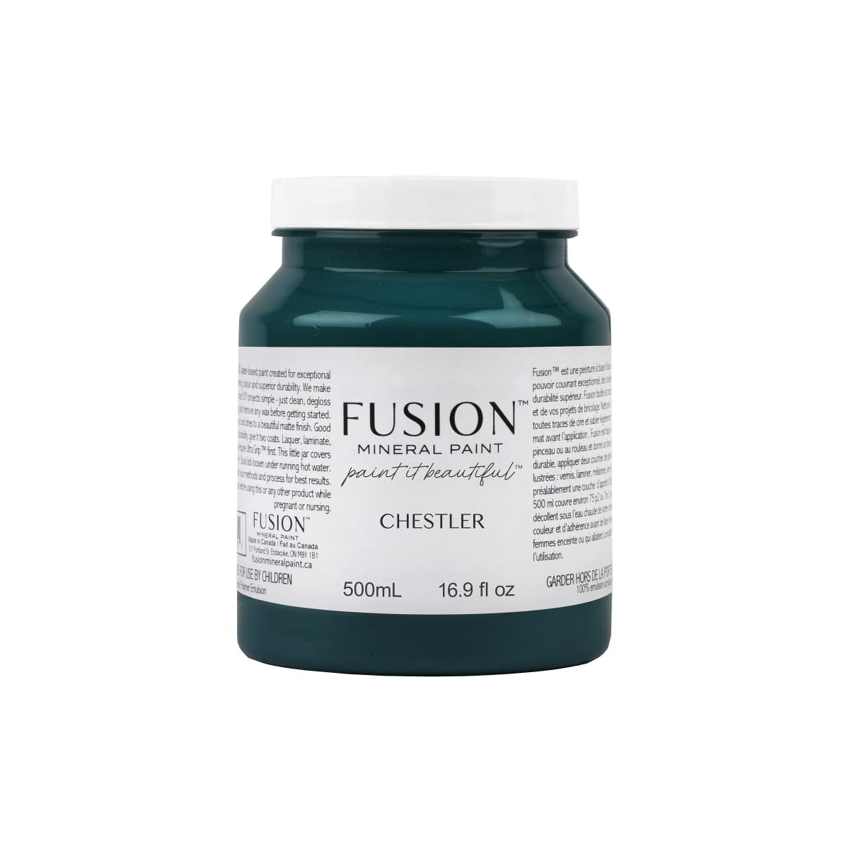 Jar of Fusion Mineral Paint in deep blue green Chestler colour on a white background.