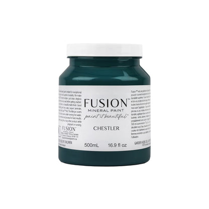 Jar of Fusion Mineral Paint in deep blue green Chestler colour on a white background.