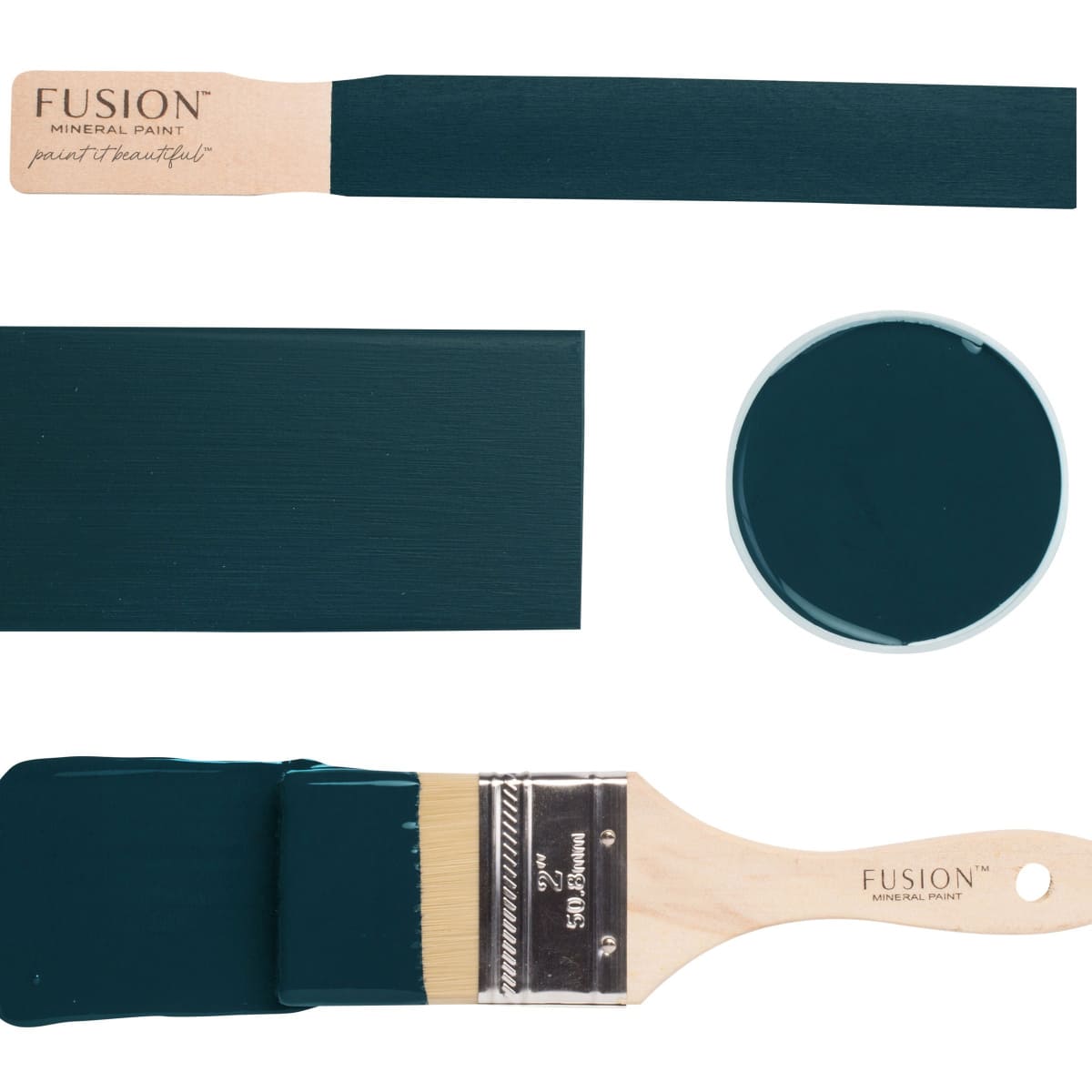 Fusion Mineral Paint swatch and brush in dark blue green Chestler colour on a white background