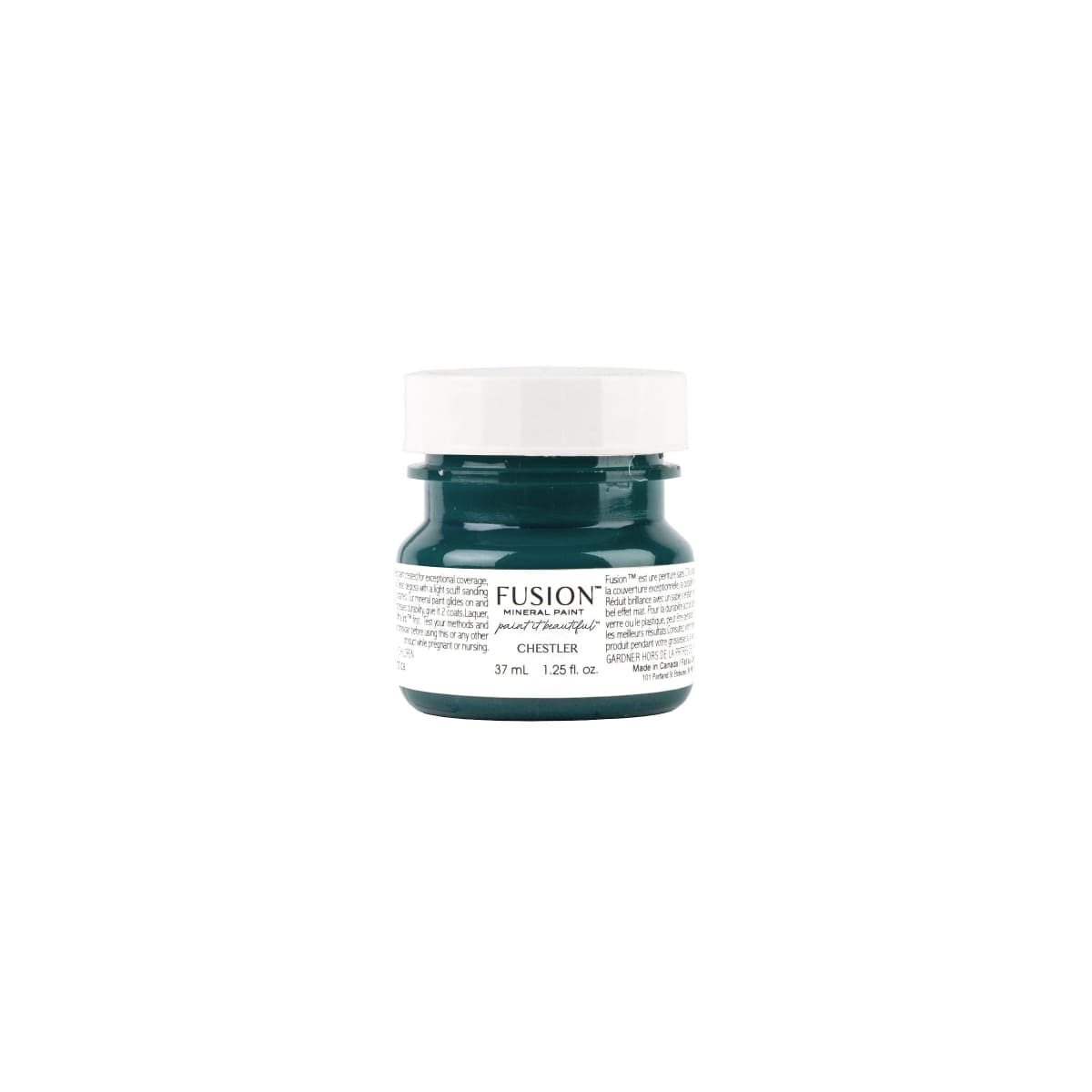 A tester-sized jar of Fusion Mineral Paint in dark blue green Chestler on a white background.