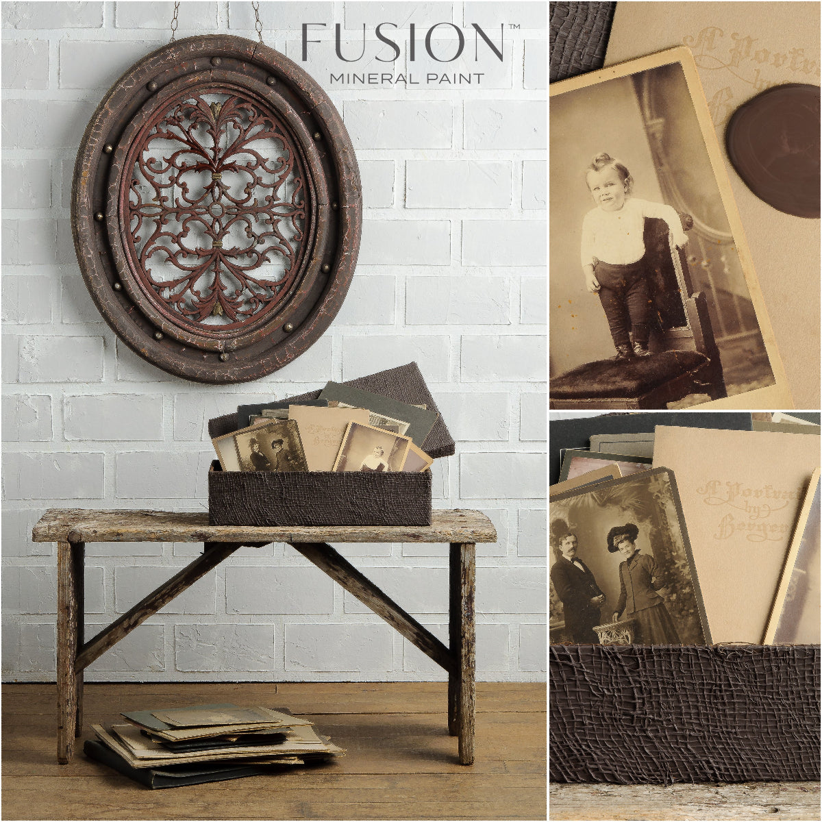 An ornate wall decoration painted in rich chocolate brown fusion mineral paint hanging against a white brick wall. A matching brown basket in chocolate brown in Fusion paint is placed on a rustic stool. An example of warm chocolate brown furniture paint by Fusion Mineral