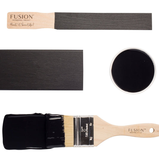 Paint brush and colour swatch of Coal Black Fusion Mineral Paint on a white background