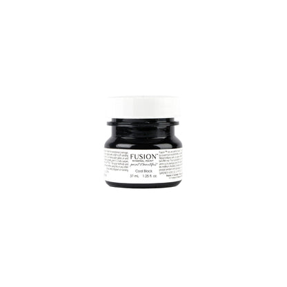 Tester jar of Fusion Coal Black paint on a white background