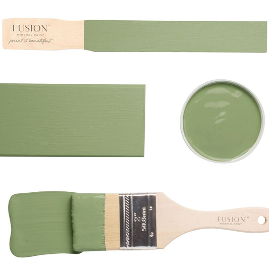 Fusion paintbrushes and swatch with 'Conservatory' colour on a white background