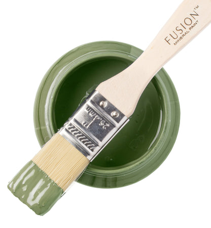 Conservatory green paint with a brush and 'Fusion Mineral Paint' text on a white background