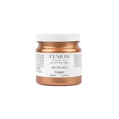 Jar of Fusion Metallics Copper paint on a white background