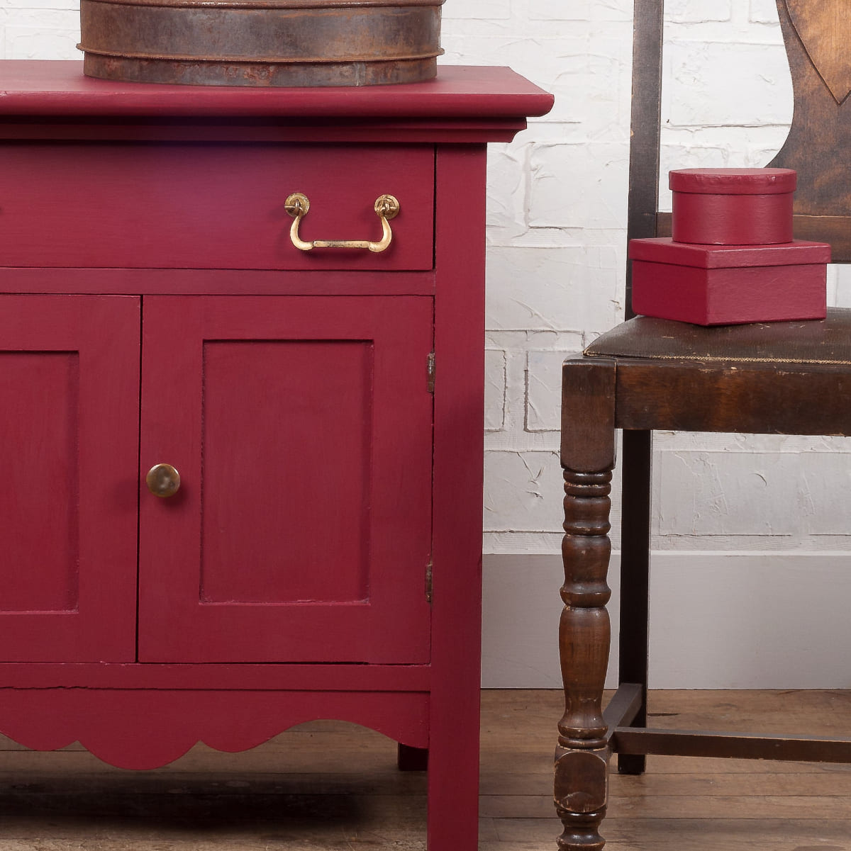 Cabinet and stacking boxes painted in juicy red Cranberry Fusion Mineral Paint 