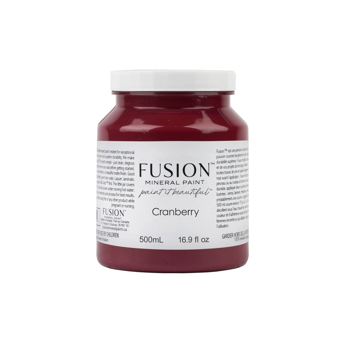 500ml jar of Fusion Mineral Paint in a deep red Cranberry colour on a white background