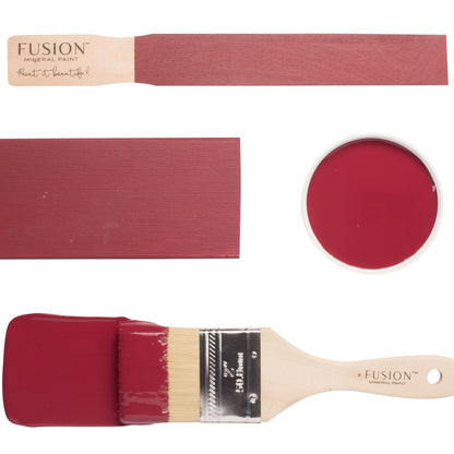 Fusion Mineral Paint Cranberry paint swatch, brush, and container on a white background