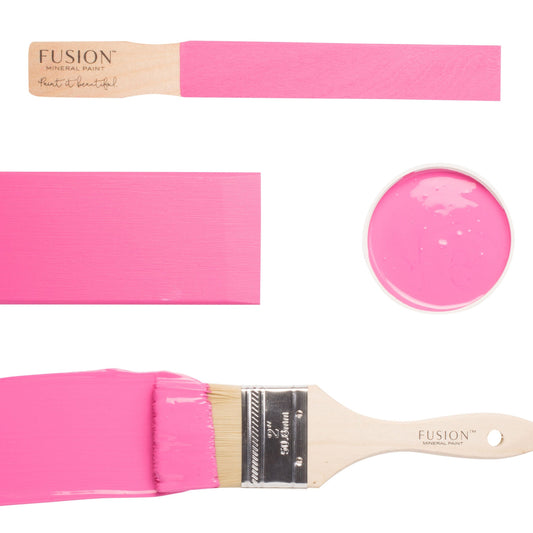 Fusion Mineral Paint Cureiously Pink paint swatch, brush, and container on a white background