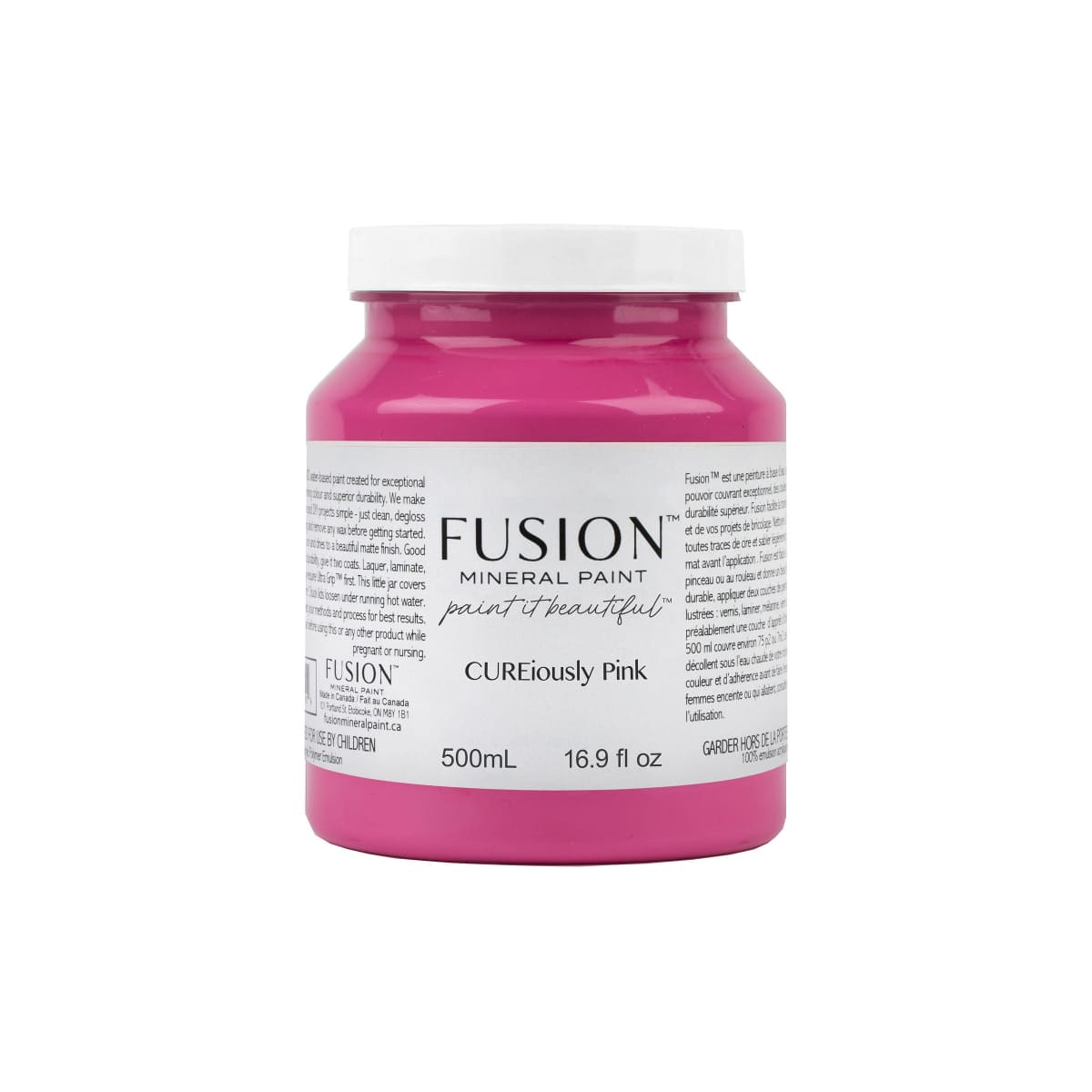 Jar of Fusion Mineral Paint in bright  Cureiously Pink colour on a white background.