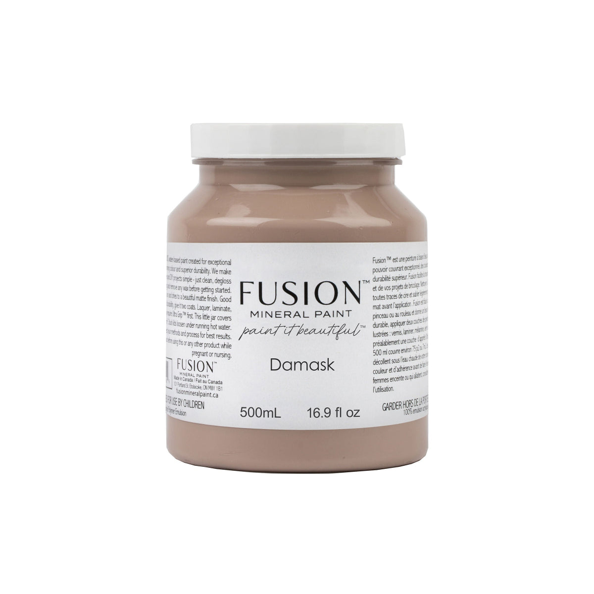 Jar of Fusion Mineral Paint in Damask colour, a dusty pink, on a white background