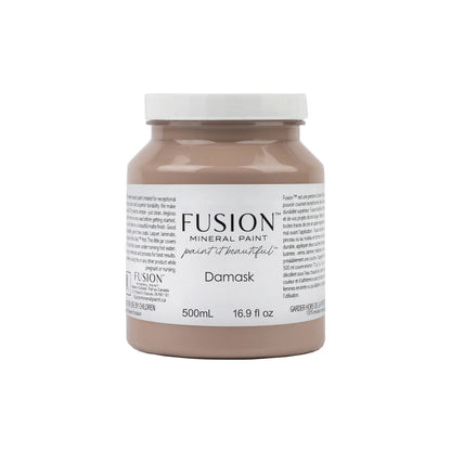 Jar of Fusion Mineral Paint in Damask colour, a dusty pink, on a white background