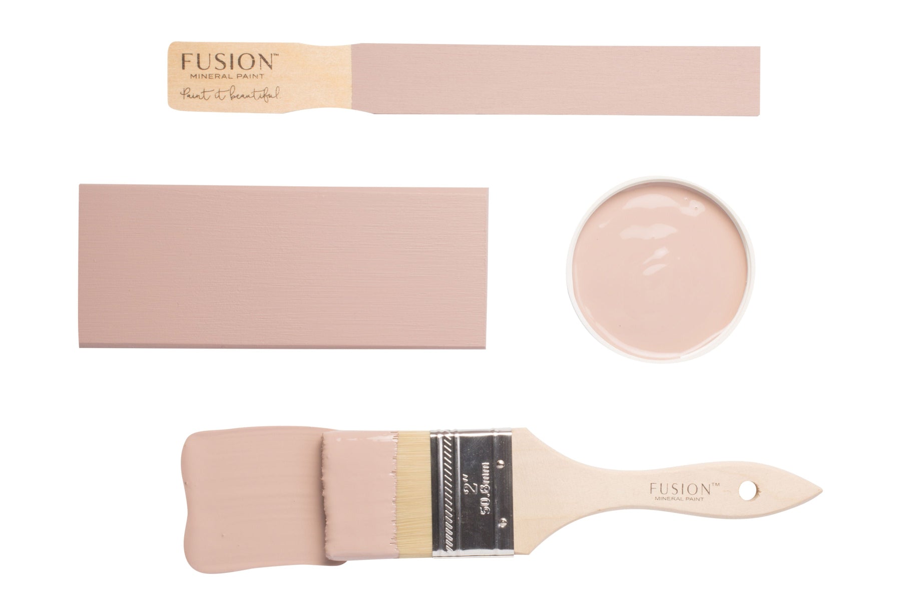 Fusion paintbrush and colour swatch with 'Damask', a dusty pink colour on a white background