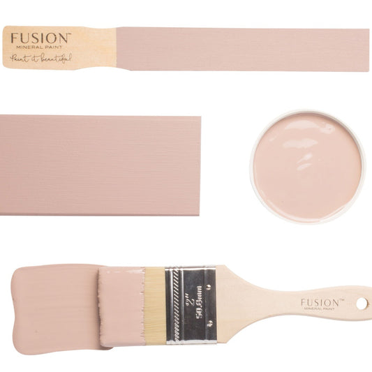 Fusion paintbrush and colour swatch with 'Damask', a dusty pink colour on a white background