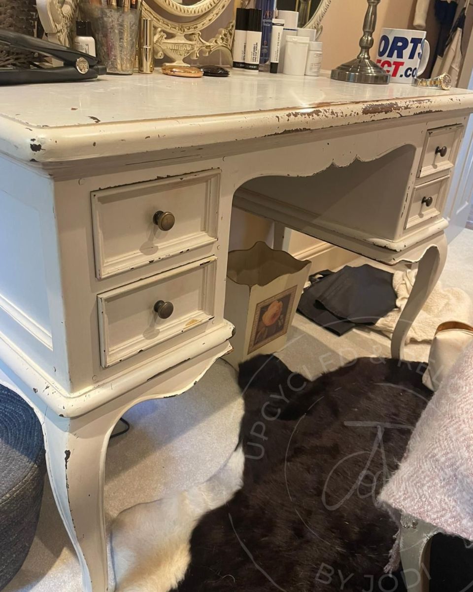 Old white painted dressing table with chipped paint and worn finish, before being refinished by Upcycled & Reloved by Jodi. 