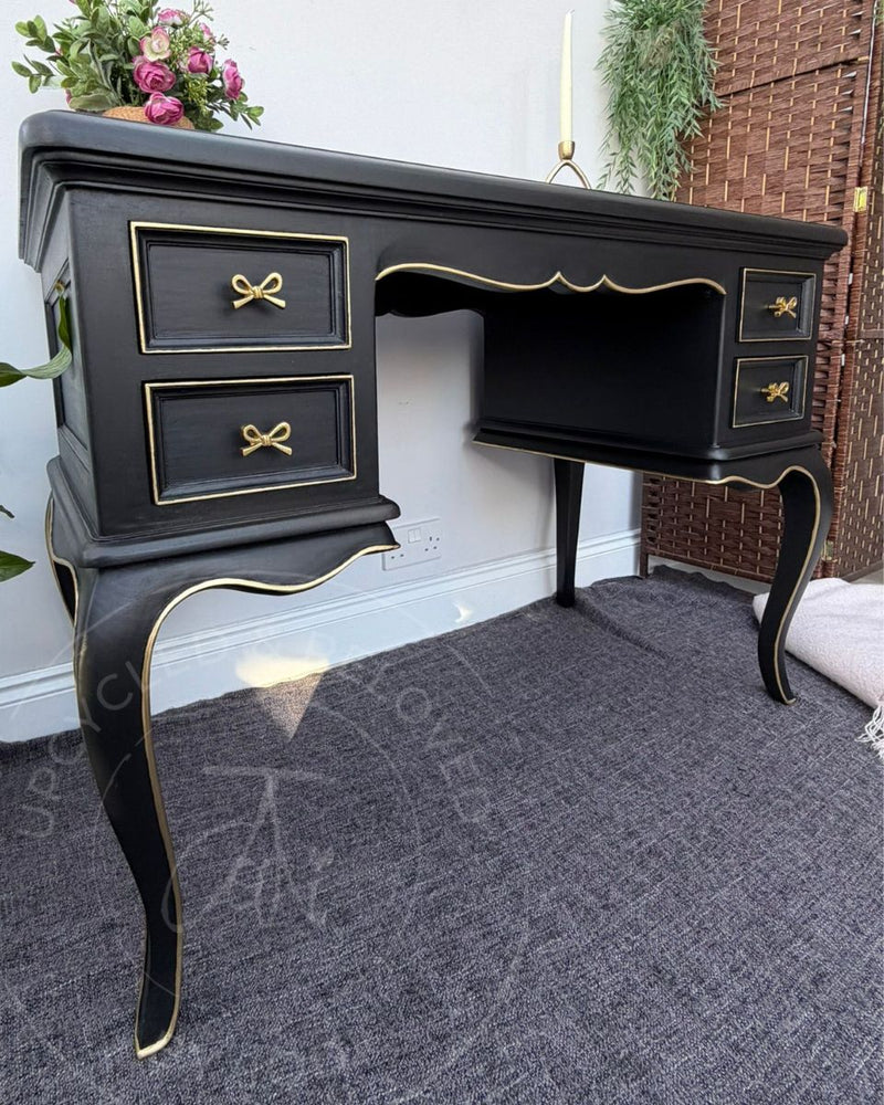 Black and gold upcycled dressing table painted in Fusion Mineral Paint Coal Black by Upcycled & Reloved by Jodi.