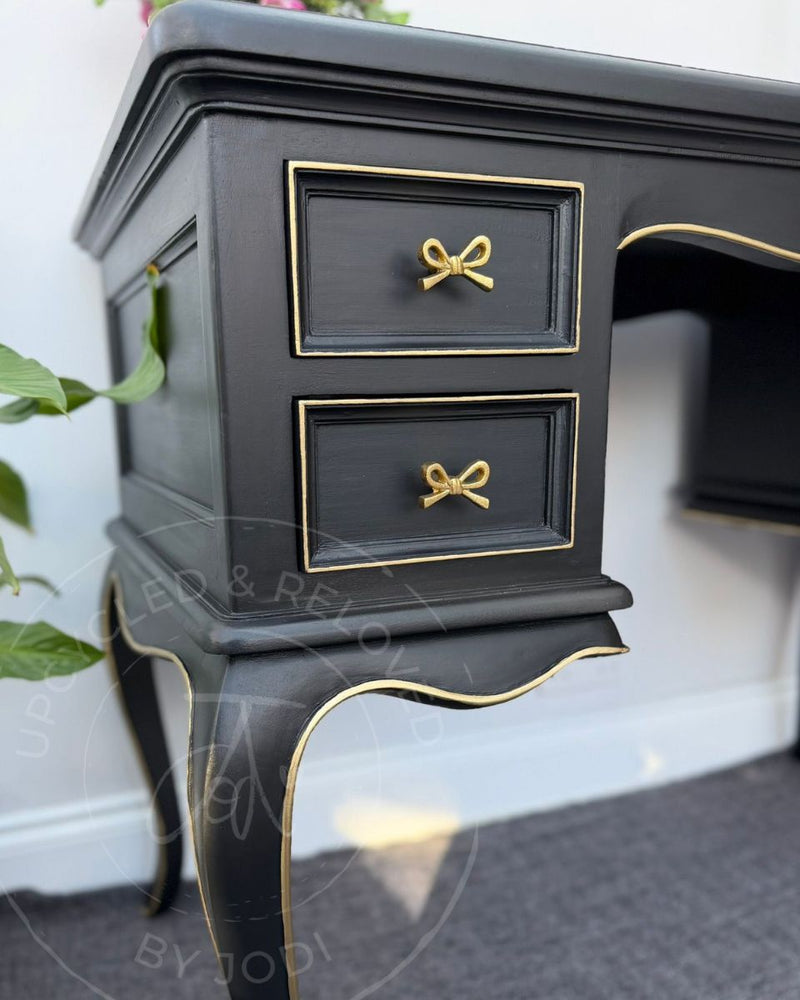 Black and gold upcycled dressing table painted in Fusion Mineral Paint Coal Black by Upcycled & Reloved by Jodi.