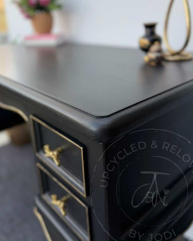 Black and gold upcycled dressing table painted in Fusion Mineral Paint Coal Black by Upcycled & Reloved by Jodi.