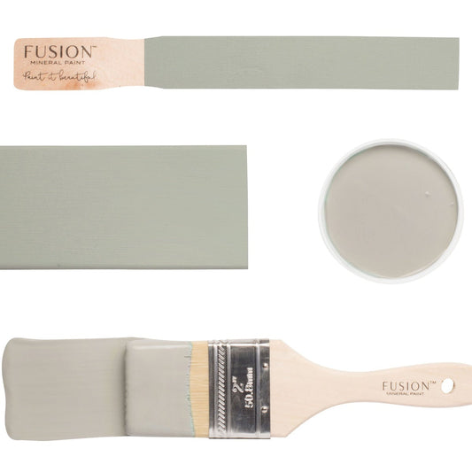 Eucalpytus Fusion Mineral Paint swatch and brush on a white background