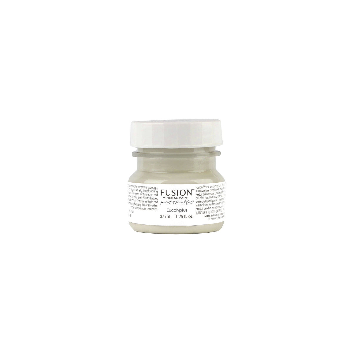 Tester size jar of Fusion Mineral Paint in Eucalyptus on a white background