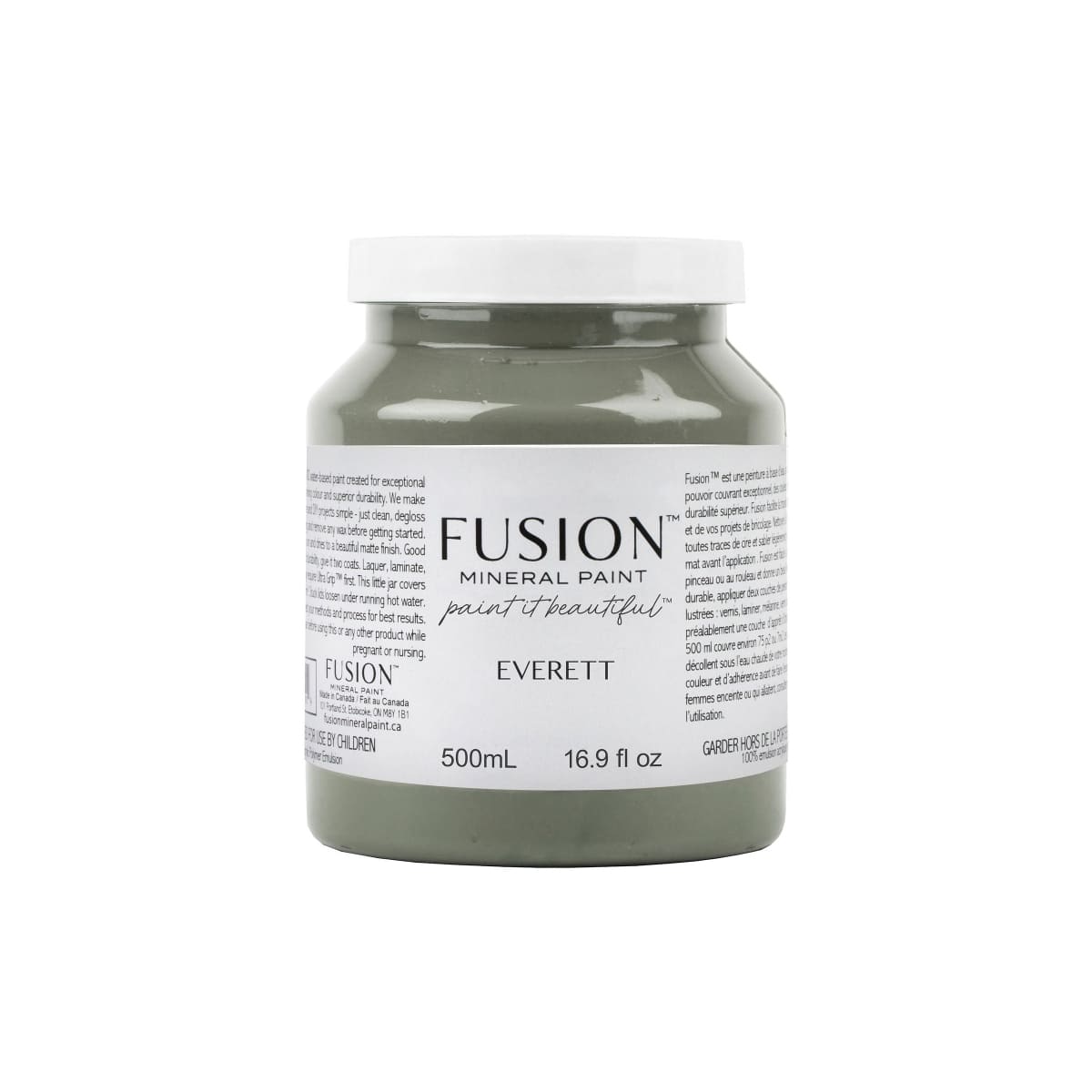 Jar of Fusion Mineral Paint in olive green Everett colour on a white background.