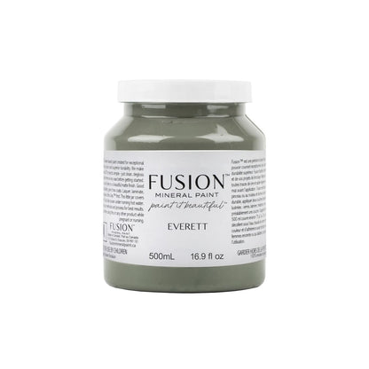 Jar of Fusion Mineral Paint in olive green Everett colour on a white background.