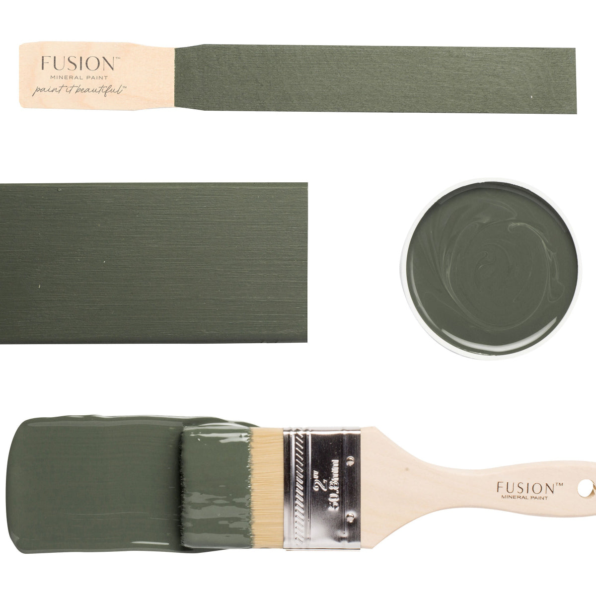 Paintbrush and colour swatch in olive green Everett from Fusion Mineral Paint on a white background
