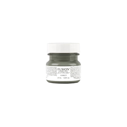 A tester-sized jar of Fusion Mineral Paint in olive green Everett on a white background.