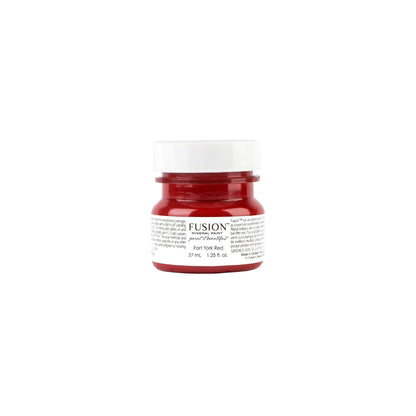 Tester-sized paint jar of Fort York Red Fusion Mineral Paint with white label on a white background