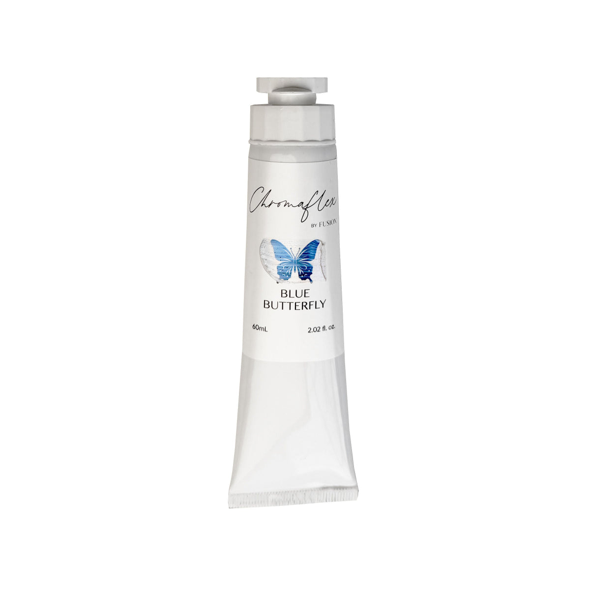 A white tube of Blue Butterfly ChromaFlex Fusion Mineral Paint with blue butterfly design on a white background