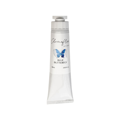 A white tube of Blue Butterfly ChromaFlex Fusion Mineral Paint with blue butterfly design on a white background