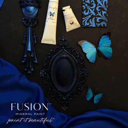 An assortment of butterflies and metal objects in shimmering Blue Butterfly ChromaFlex paint from Fusion Mineral Paint