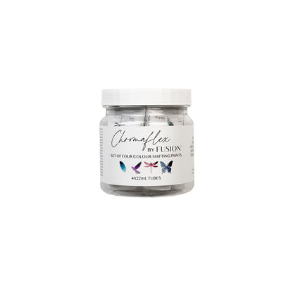 Variety pack of Fusion Chromaflex shimmering colour-shifting paint tubes in a plastic tub against a white background