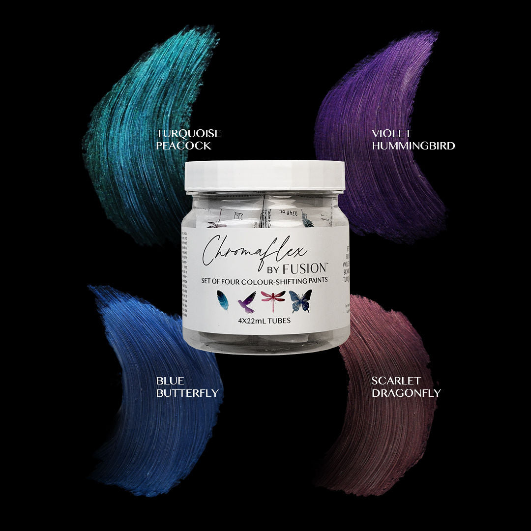 Jar of Chromaflex colour-shifting, shimmering paint by Fusion Mineral Paint with colour swatches on a black background