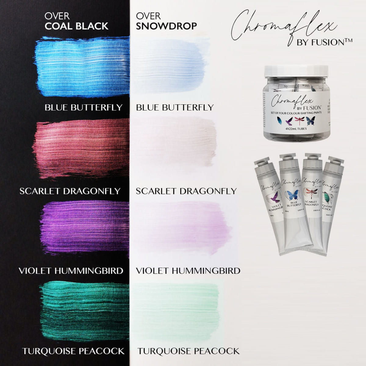 Colour swatches of the four Chromaflex colour-shifting, shimmering paints by Fusion shown against a dark and white background 