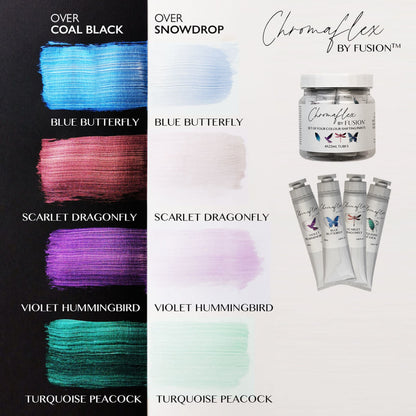 Colour swatches of the four Chromaflex colour-shifting, shimmering paints by Fusion shown against a dark and white background 