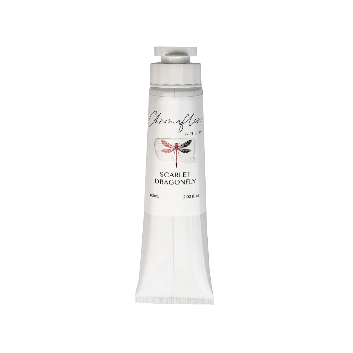 A white tube of Scarlet Dragonfly ChromaFlex Fusion Mineral Paint with a red dragonfly design on a white background