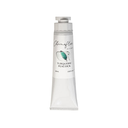 A white tube of Turquoise Peacock ChromaFlex Fusion Mineral Paint with a turquoise feather design on a white background