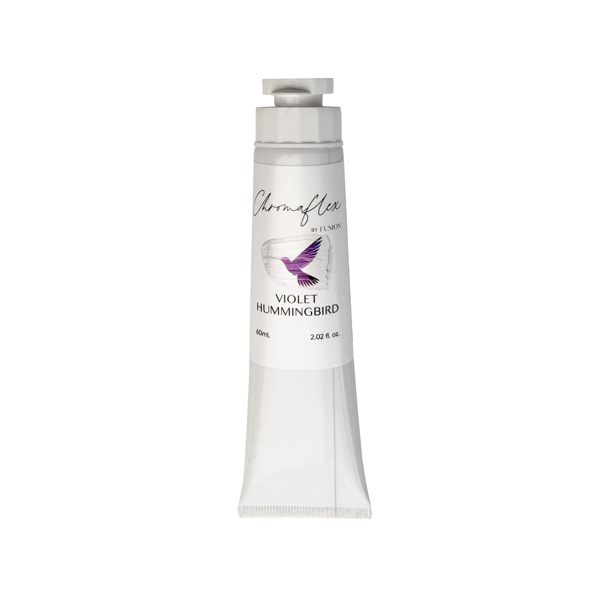 A white tube of Violet Hummingbird ChromaFlex Fusion Mineral Paint with a purple hummingbird design on a white background