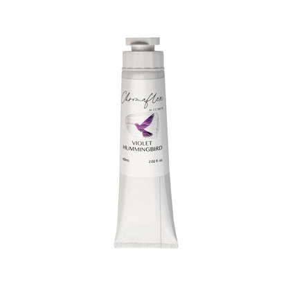 A white tube of Violet Hummingbird ChromaFlex Fusion Mineral Paint with a purple hummingbird design on a white background