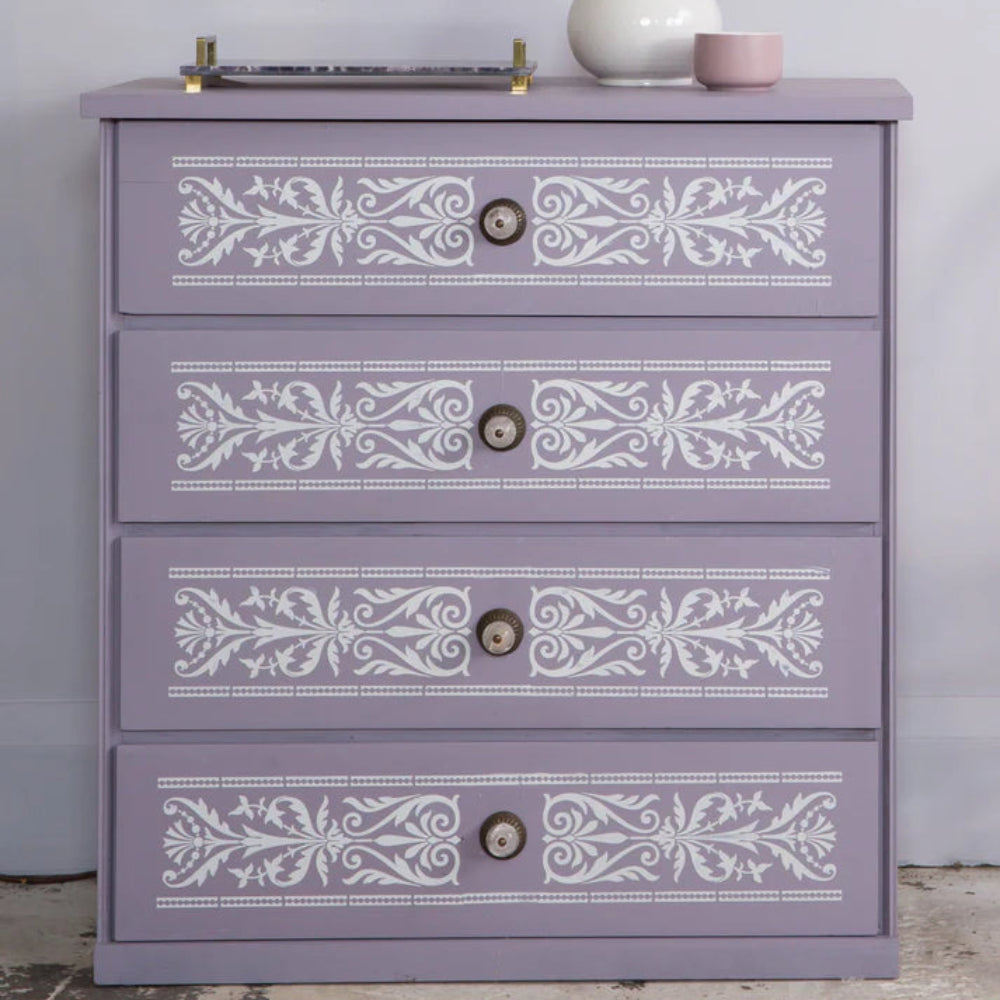 Lilac-coloured painted chest of drawers with stencilled designs using Fusion Embossing Paste